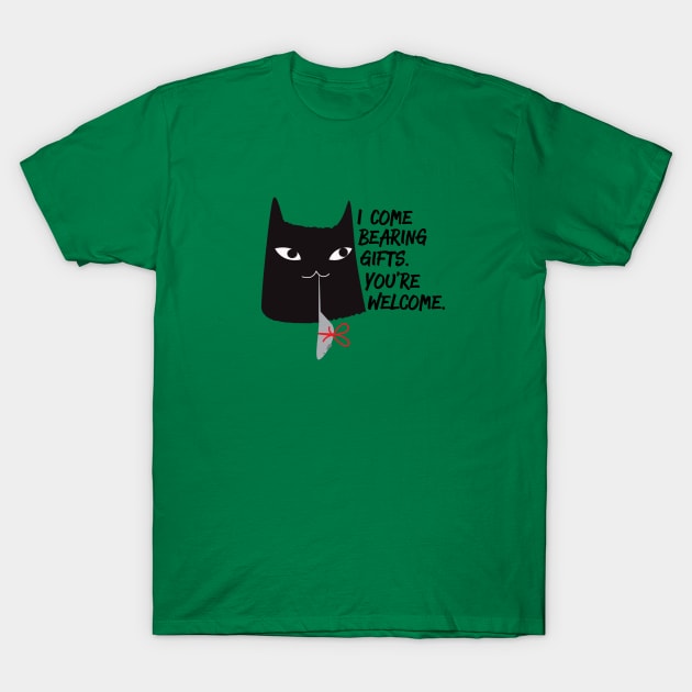 Naughty Christmas Cat I Come Bearing Gifts T-Shirt by blueavocado